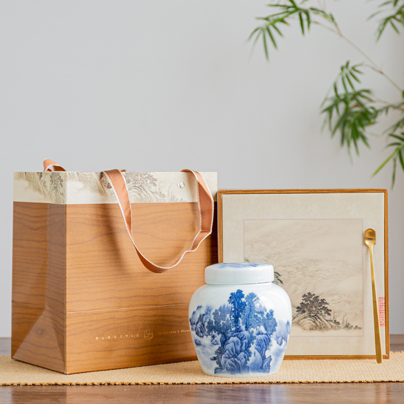 Set cadou din ceramică albastru-alb pentru ceai, cu două canistre de depozitare, cutie de prezentare, pentru ceai negru și ceai verde, gravură disponibilă.