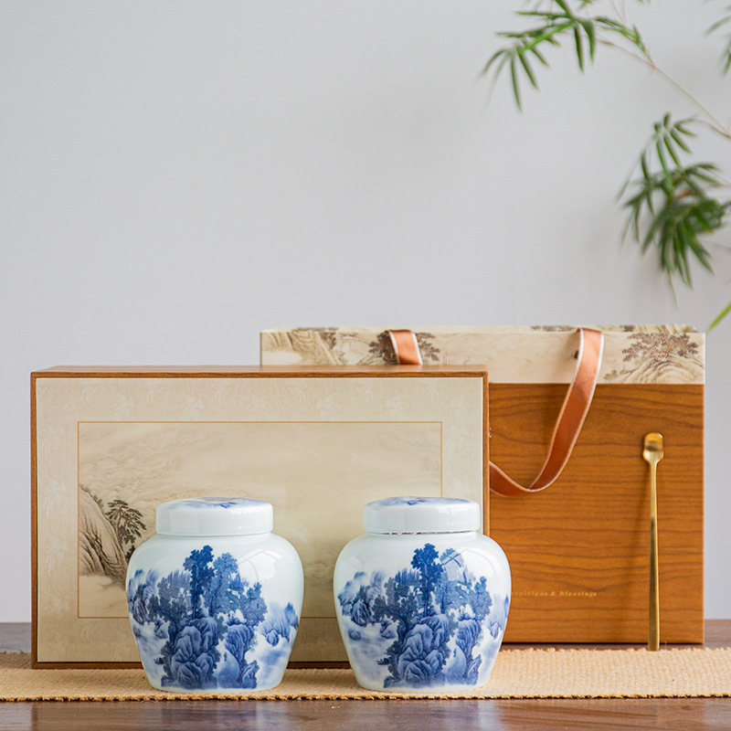 Set cadou din ceramică albastru-alb pentru ceai, cu două canistre de depozitare, cutie de prezentare, pentru ceai negru și ceai verde, gravură disponibilă.