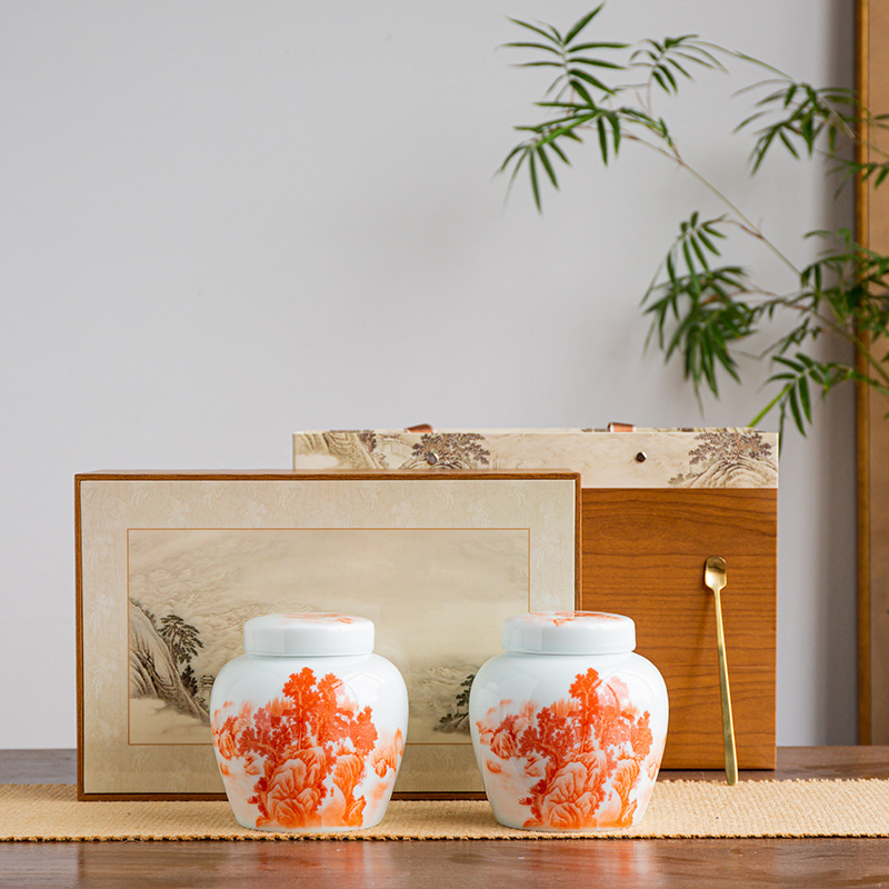 Set cadou din ceramică albastru-alb pentru ceai, cu două canistre de depozitare, cutie de prezentare, pentru ceai negru și ceai verde, gravură disponibilă.