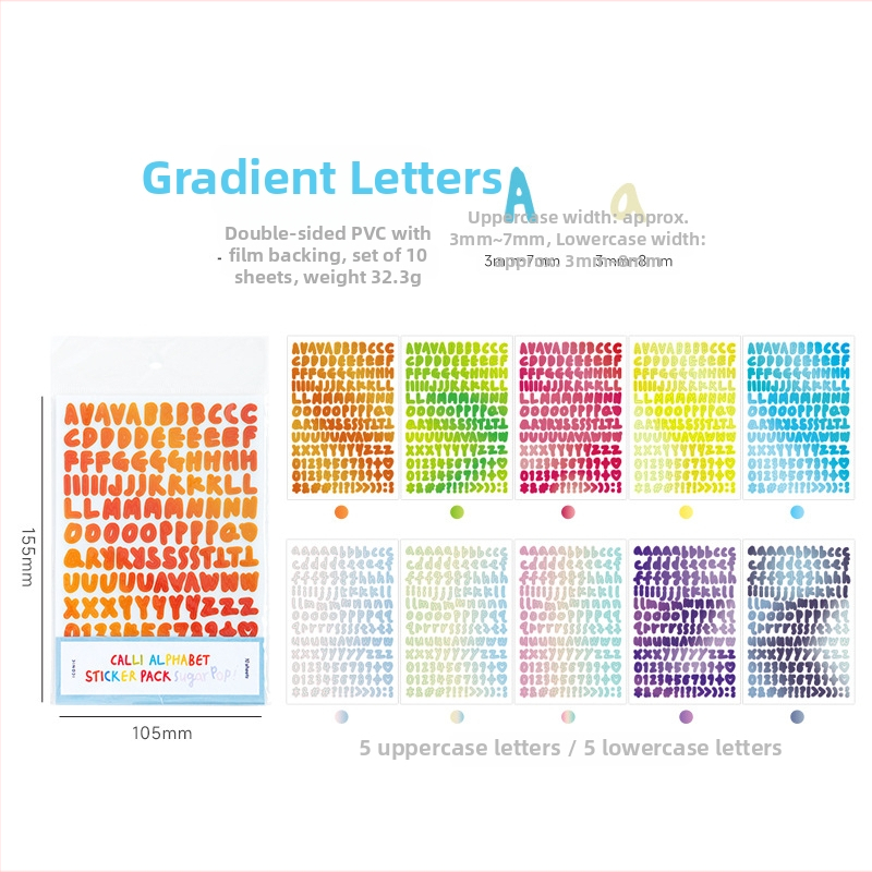 Autocolante cu litere și numere goale, gradient coreean, fără reziduuri, set de 10 foi pentru planner