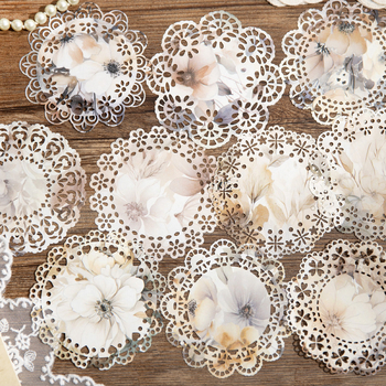 Seria Lace Story: autocolante decupate cu dantelă, fundal din piele albă vintage, decor pentru jurnal