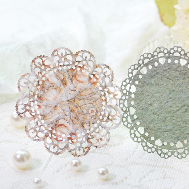 Seria Lace Story: autocolante decupate cu dantelă, fundal din piele albă vintage, decor pentru jurnal