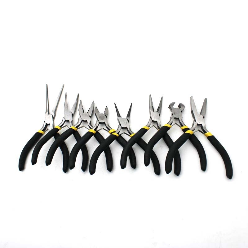 Set de 8 piese: clește mini 4,5 inch, mânere negre și galbene, unelte multifuncționale, clește diagonal, clește cu nas de ac, clește cu nas plat