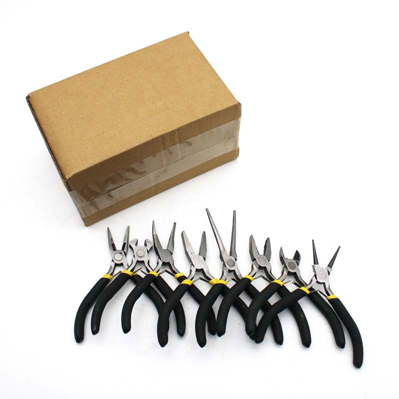 Set de 8 piese: clește mini 4,5 inch, mânere negre și galbene, unelte multifuncționale, clește diagonal, clește cu nas de ac, clește cu nas plat
