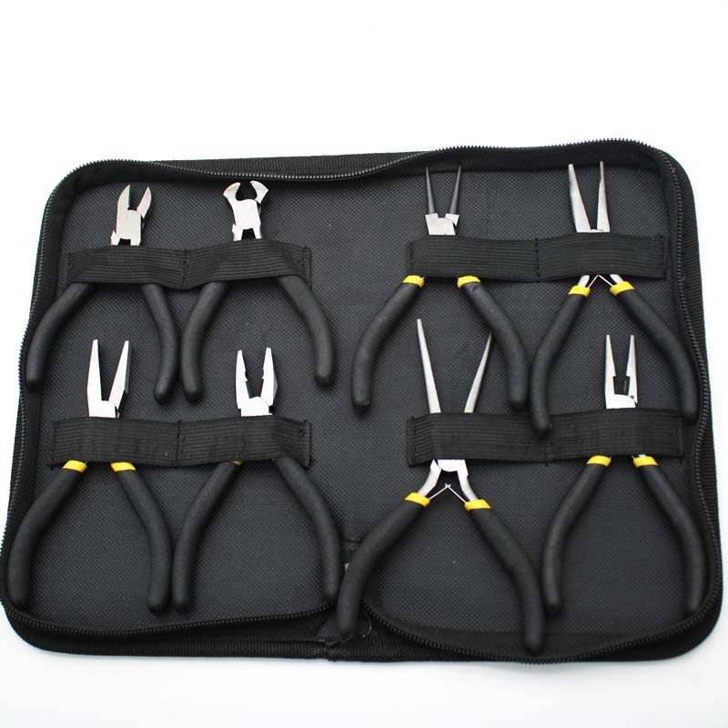 Set de 8 piese: clește mini 4,5 inch, mânere negre și galbene, unelte multifuncționale, clește diagonal, clește cu nas de ac, clește cu nas plat