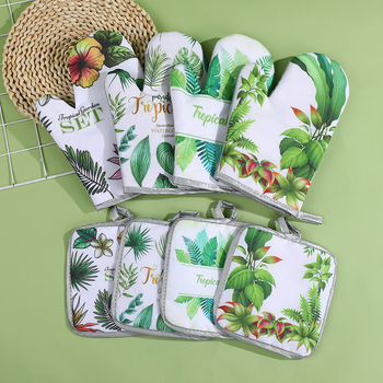 Mănuși izolante de bucătărie, set de două piese pentru cuptor și cuptor cu microunde, rezistente la temperaturi înalte, 25 cm, bumbac și in, imprimeu frunză verde, stil luxos ușor