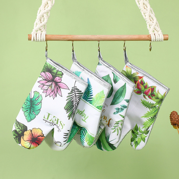 Mănuși izolante de bucătărie, set de două piese pentru cuptor și cuptor cu microunde, rezistente la temperaturi înalte, 25 cm, bumbac și in, imprimeu frunză verde, stil luxos ușor