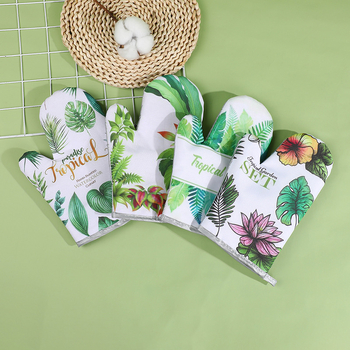 Mănuși izolante de bucătărie, set de două piese pentru cuptor și cuptor cu microunde, rezistente la temperaturi înalte, 25 cm, bumbac și in, imprimeu frunză verde, stil luxos ușor