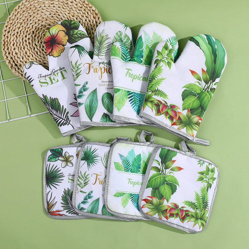Mănuși izolante de bucătărie, set de două piese pentru cuptor și cuptor cu microunde, rezistente la temperaturi înalte, 25 cm, bumbac și in, imprimeu frunză verde, stil luxos ușor
