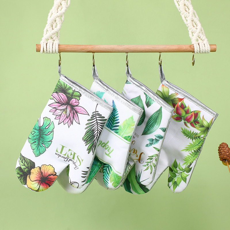 Mănuși izolante de bucătărie, set de două piese pentru cuptor și cuptor cu microunde, rezistente la temperaturi înalte, 25 cm, bumbac și in, imprimeu frunză verde, stil luxos ușor