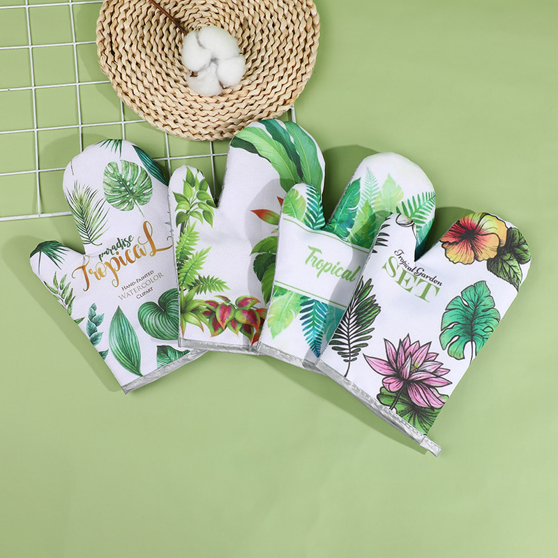 Mănuși izolante de bucătărie, set de două piese pentru cuptor și cuptor cu microunde, rezistente la temperaturi înalte, 25 cm, bumbac și in, imprimeu frunză verde, stil luxos ușor
