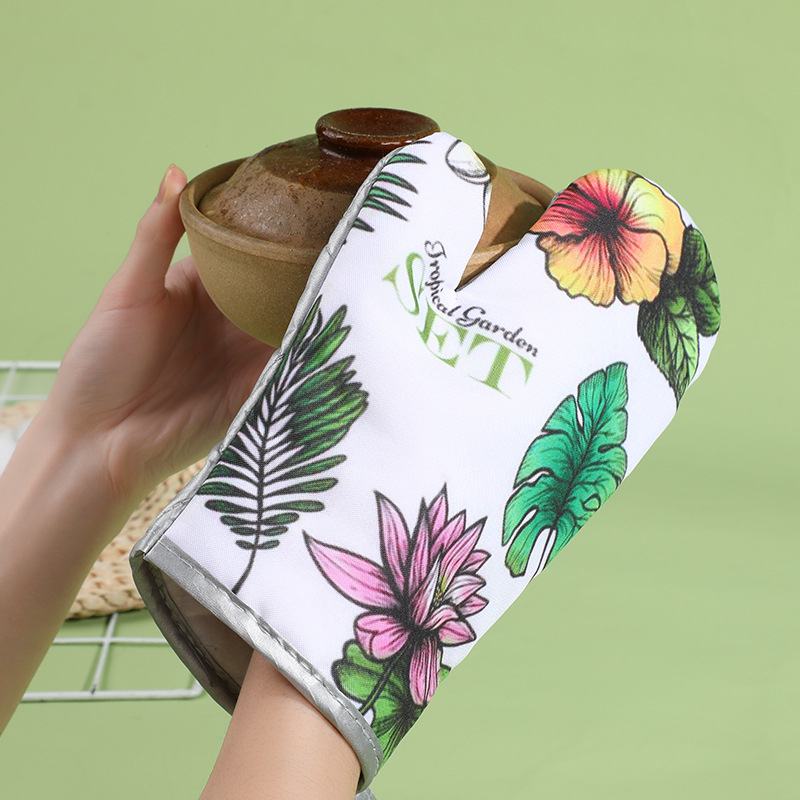 Mănuși izolante de bucătărie, set de două piese pentru cuptor și cuptor cu microunde, rezistente la temperaturi înalte, 25 cm, bumbac și in, imprimeu frunză verde, stil luxos ușor