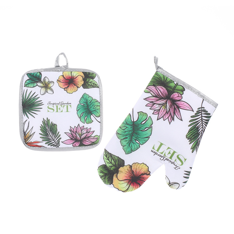 Mănuși izolante de bucătărie, set de două piese pentru cuptor și cuptor cu microunde, rezistente la temperaturi înalte, 25 cm, bumbac și in, imprimeu frunză verde, stil luxos ușor