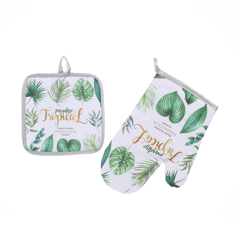 Mănuși izolante de bucătărie, set de două piese pentru cuptor și cuptor cu microunde, rezistente la temperaturi înalte, 25 cm, bumbac și in, imprimeu frunză verde, stil luxos ușor