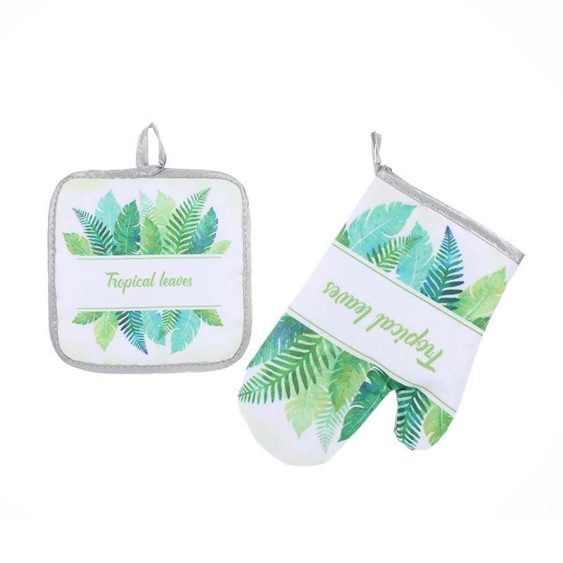 Mănuși izolante de bucătărie, set de două piese pentru cuptor și cuptor cu microunde, rezistente la temperaturi înalte, 25 cm, bumbac și in, imprimeu frunză verde, stil luxos ușor