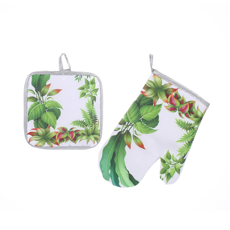 Mănuși izolante de bucătărie, set de două piese pentru cuptor și cuptor cu microunde, rezistente la temperaturi înalte, 25 cm, bumbac și in, imprimeu frunză verde, stil luxos ușor