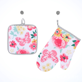 Mănuși pentru cuptor cu microunde, rezistente la căldură, set de bucătărie cu design floral cu flori și fluturi