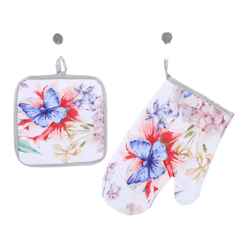 Mănuși pentru cuptor cu microunde, rezistente la căldură, set de bucătărie cu design floral cu flori și fluturi