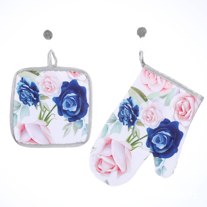 Mănuși pentru cuptor cu microunde, rezistente la căldură, set de bucătărie cu design floral cu flori și fluturi