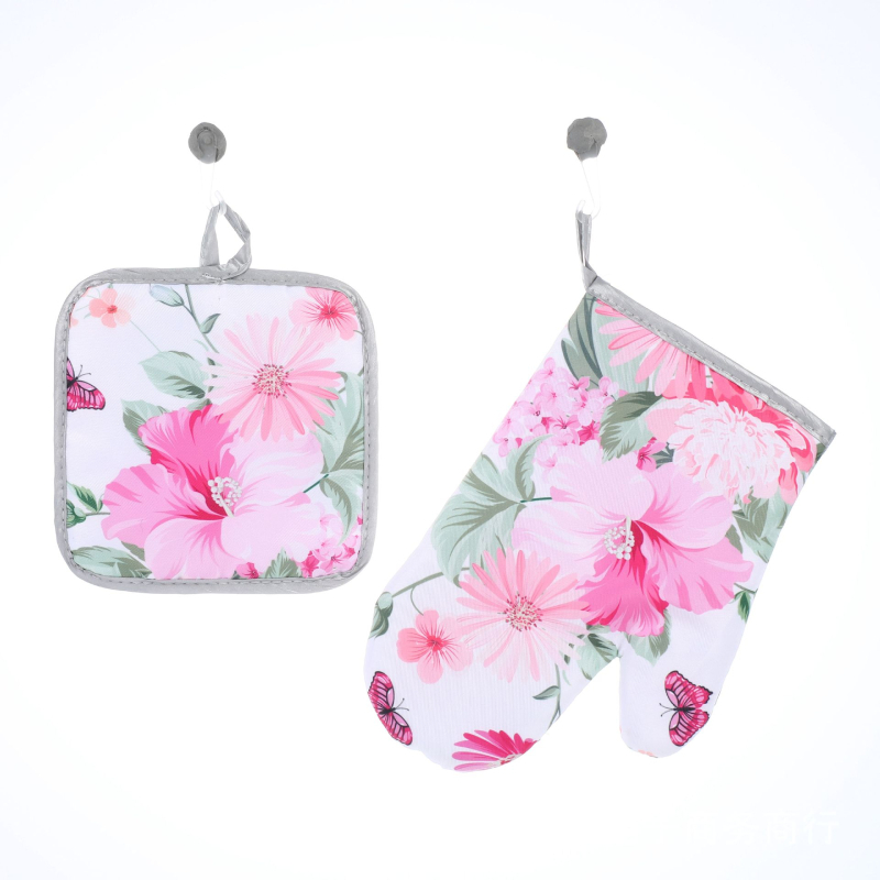 Mănuși pentru cuptor cu microunde, rezistente la căldură, set de bucătărie cu design floral cu flori și fluturi