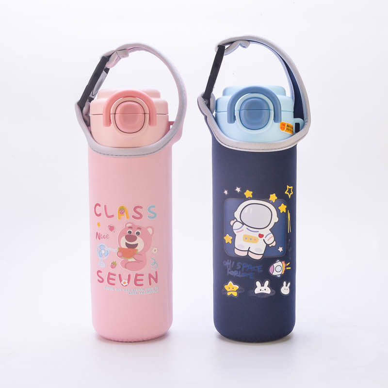 Husă portabilă pentru pahar cu mâner, 500 ml, design desen animat, husă protector din material textil pentru apă sau ceai, pentru copii