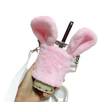 Husă din material textil pentru cana de ceai cu curea crossbody, design iepuraș drăguț, izolație