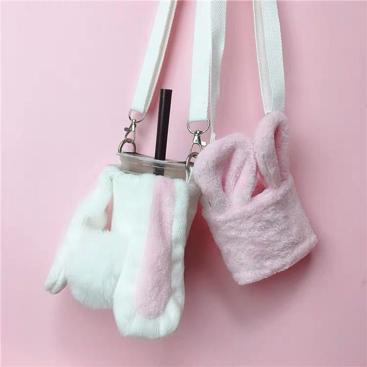 Husă din material textil pentru cana de ceai cu curea crossbody, design iepuraș drăguț, izolație