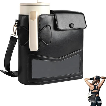 Geantă izolantă pentru sticlă, cu funda și curea peste umăr, crossbody (roz/negru)