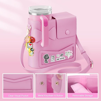 Geantă izolantă pentru sticlă, cu funda și curea peste umăr, crossbody (roz/negru)