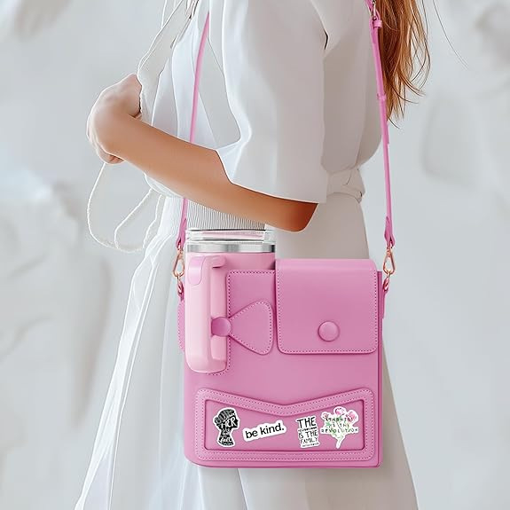 Geantă izolantă pentru sticlă, cu funda și curea peste umăr, crossbody (roz/negru)