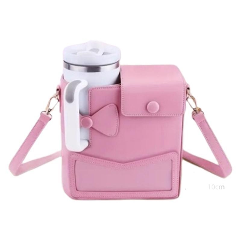 Geantă izolantă pentru sticlă, cu funda și curea peste umăr, crossbody (roz/negru)