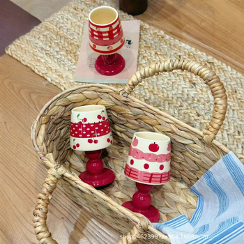 Ceașcă ceramică cu motiv fructat, înaltă pe picior, design creativ pentru desert, ceașcă drăguță de cafea