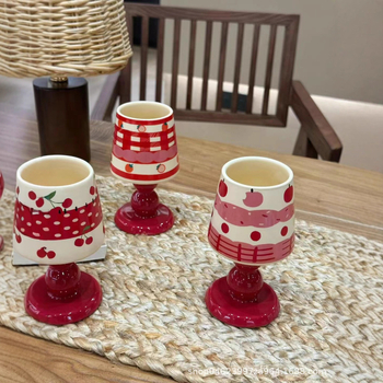 Ceașcă ceramică cu motiv fructat, înaltă pe picior, design creativ pentru desert, ceașcă drăguță de cafea