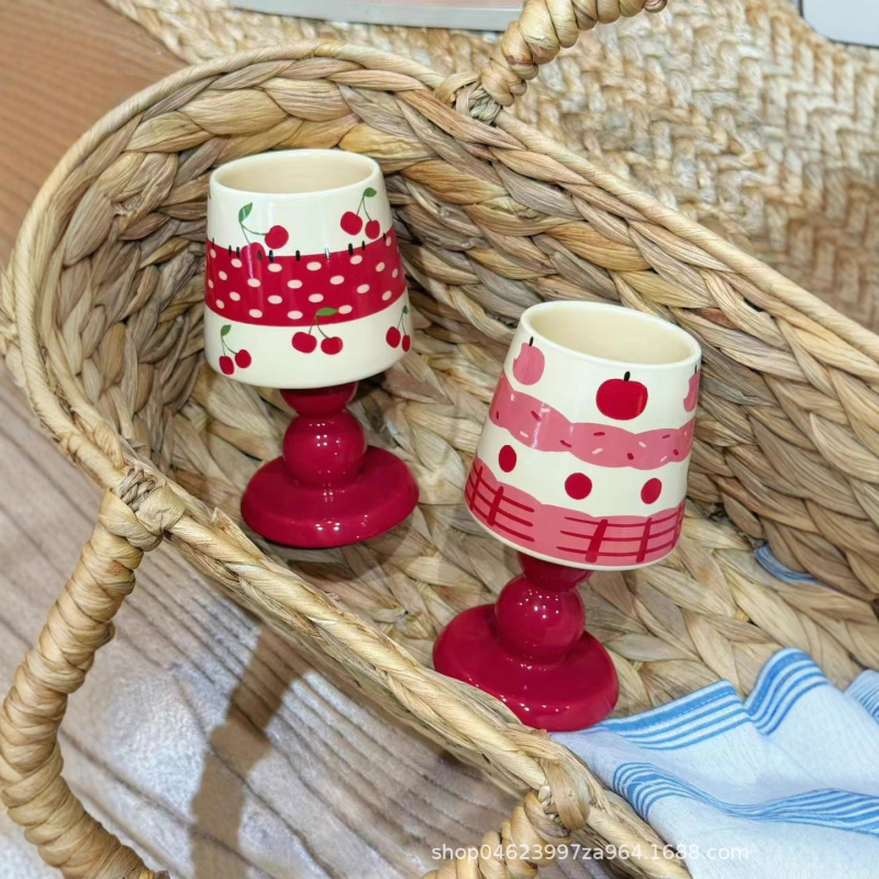 Ceașcă ceramică cu motiv fructat, înaltă pe picior, design creativ pentru desert, ceașcă drăguță de cafea