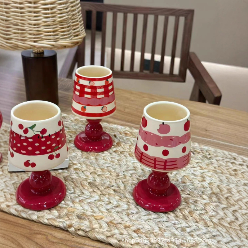 Ceașcă ceramică cu motiv fructat, înaltă pe picior, design creativ pentru desert, ceașcă drăguță de cafea