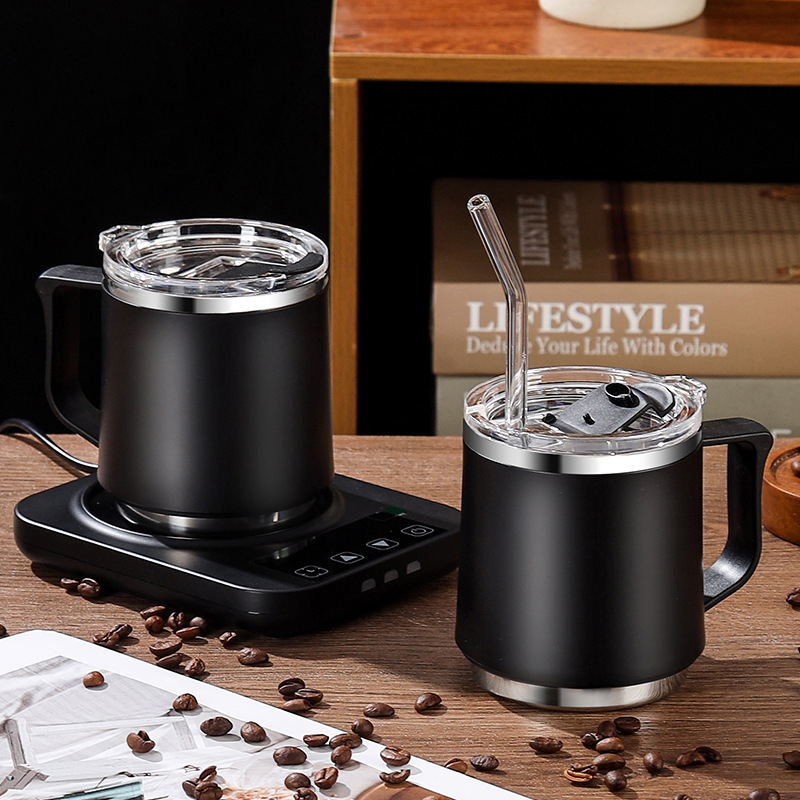 Mug din oțel inoxidabil 304, încălzibil, cu capac și pai, pentru birou și casă