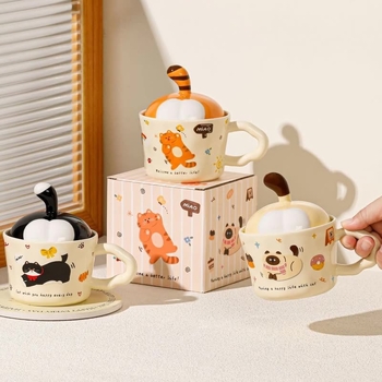 Ceașcă ceramică cu pisicuță și capac – design drăguț, cadou pentru casă și cafea