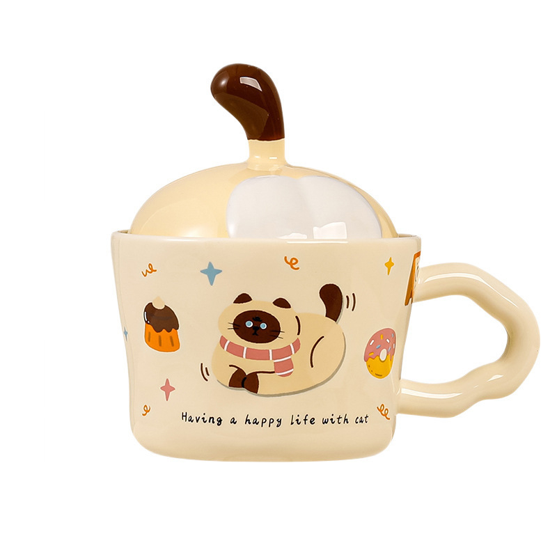 Ceașcă ceramică cu pisicuță și capac – design drăguț, cadou pentru casă și cafea
