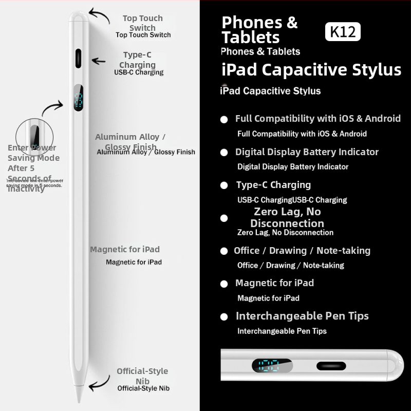 Stylus pre iPad s tromi LED indikátormi napájania — magnetický kapacitný per na kreslenie a písanie