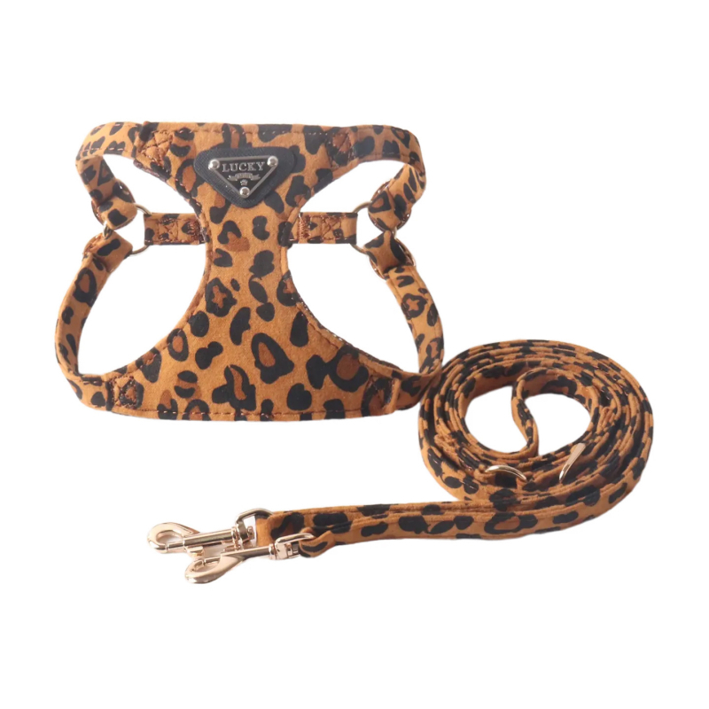 Set hoda za psa s leopardnim uzorkom, crno-zlatna serija, trokutasti logotip, prsni remen i vodilica