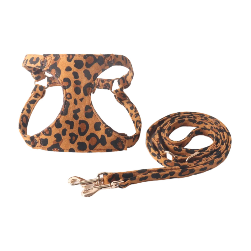 Set hoda za psa s leopardnim uzorkom, crno-zlatna serija, trokutasti logotip, prsni remen i vodilica