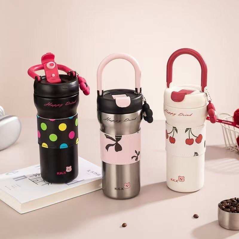 Cupa termică drăguță, din oțel inoxidabil 304, cu capacitate mare, ușor de purtat cu mâner, potrivită pentru cafea și apă