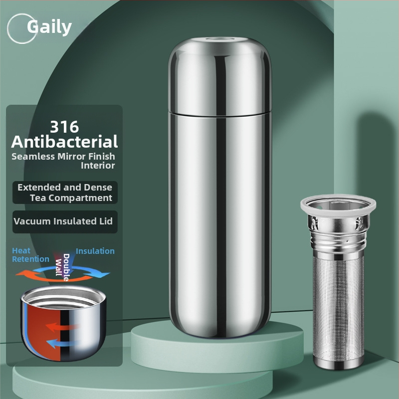 Cană termică din oțel inoxidabil 316, cu compartiment pentru ceai, design drept