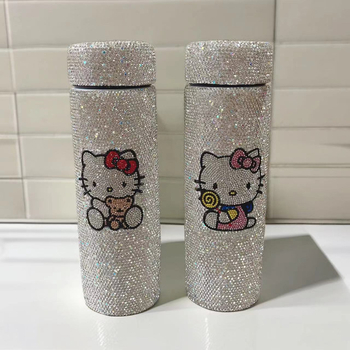 Cană termică cilindrică, 500 ml, cu pisică decorată cu diamante, din oțel inoxidabil, portabilă, lux
