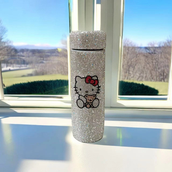 Cană termică cilindrică, 500 ml, cu pisică decorată cu diamante, din oțel inoxidabil, portabilă, lux
