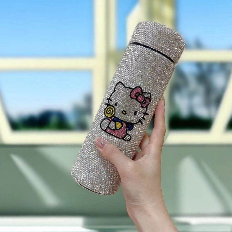 Cană termică cilindrică, 500 ml, cu pisică decorată cu diamante, din oțel inoxidabil, portabilă, lux