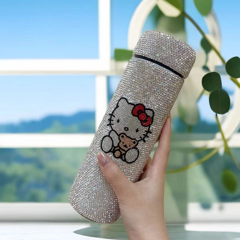 Cană termică cilindrică, 500 ml, cu pisică decorată cu diamante, din oțel inoxidabil, portabilă, lux