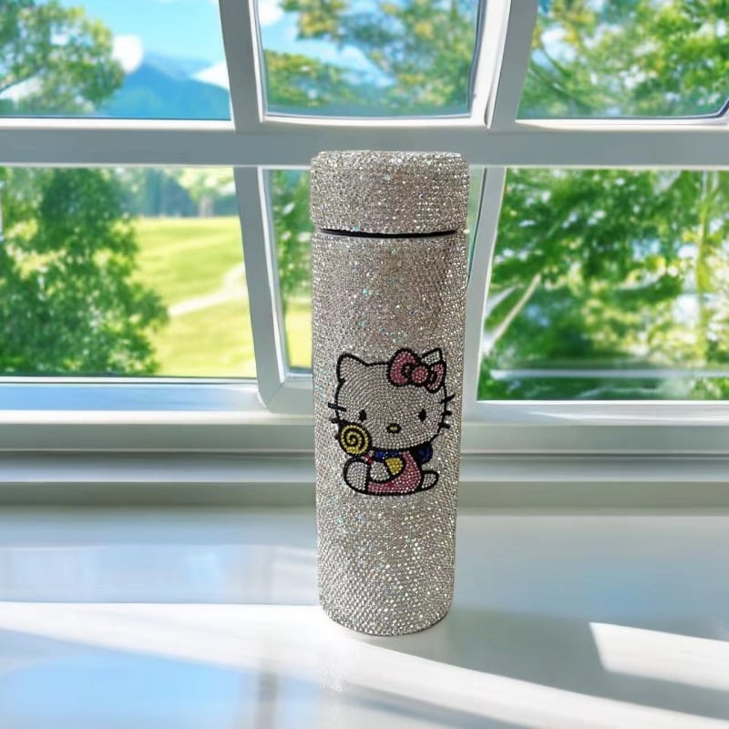 Cană termică cilindrică, 500 ml, cu pisică decorată cu diamante, din oțel inoxidabil, portabilă, lux