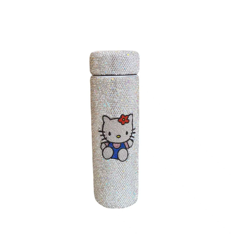 Cană termică cilindrică, 500 ml, cu pisică decorată cu diamante, din oțel inoxidabil, portabilă, lux