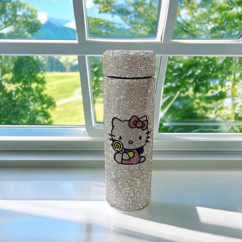 Cană termică cilindrică, 500 ml, cu pisică decorată cu diamante, din oțel inoxidabil, portabilă, lux